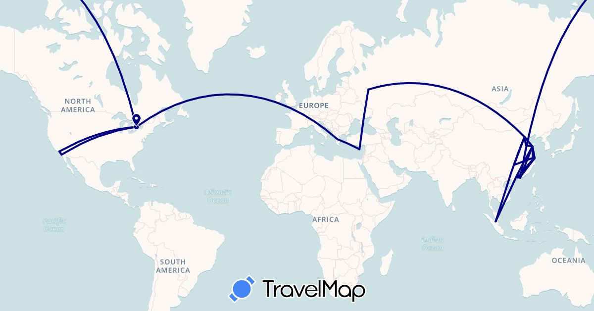 TravelMap itinerary: driving in Canada, China, Cyprus, Greece, Indonesia, Russia, United States (Asia, Europe, North America)